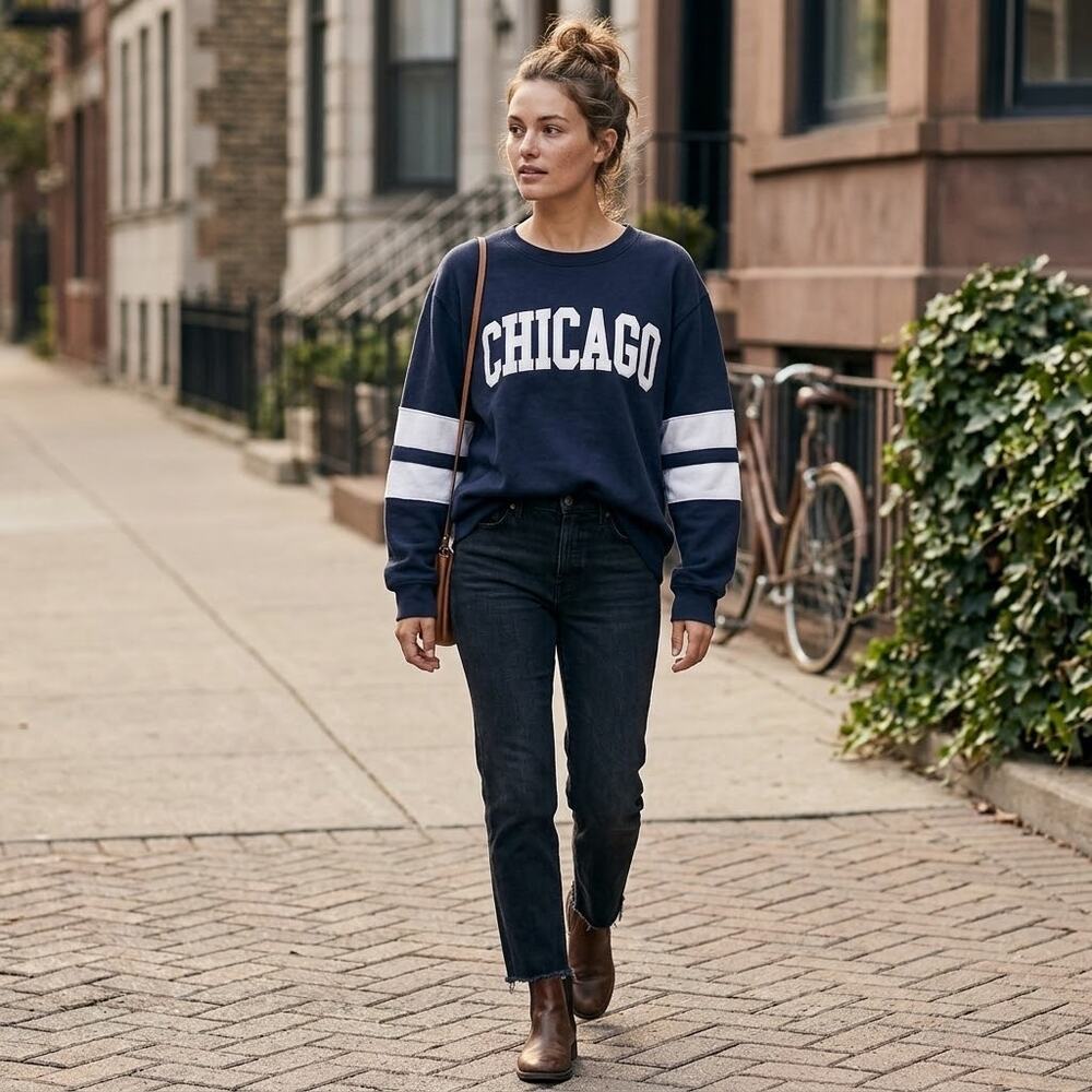 New York Popular Chicago navy blue oversized pullover sweatshirt spell out small